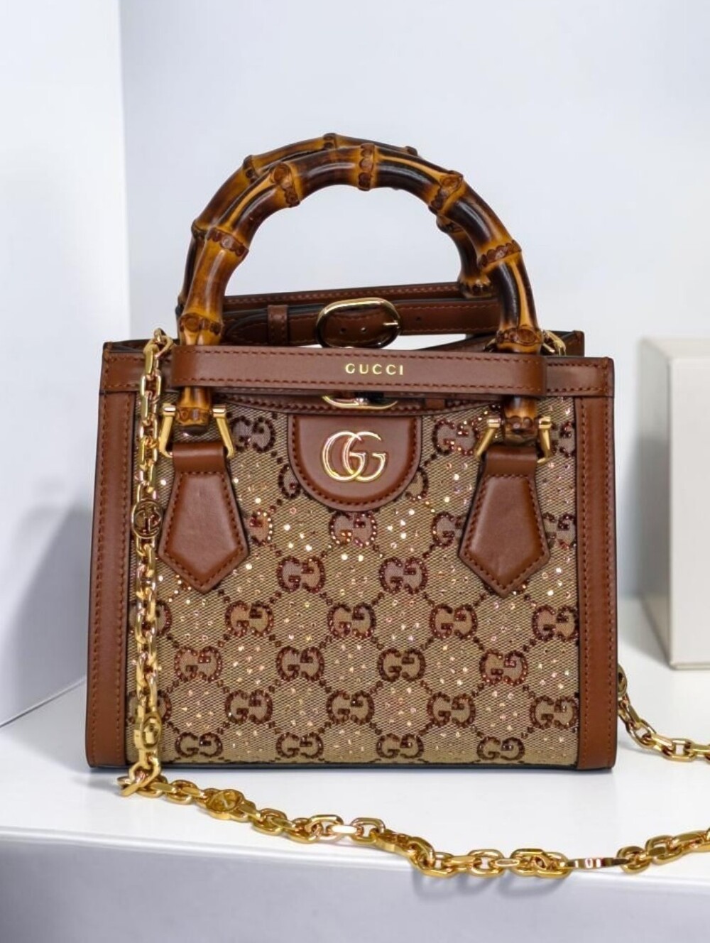 Gucci Diana crystals small tote Bamboo Top Handle Shoulder Bag with Gold Chain